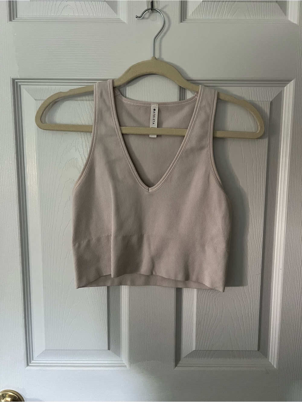Athleta Beige Ribbed V-Neck Crop Tank Top